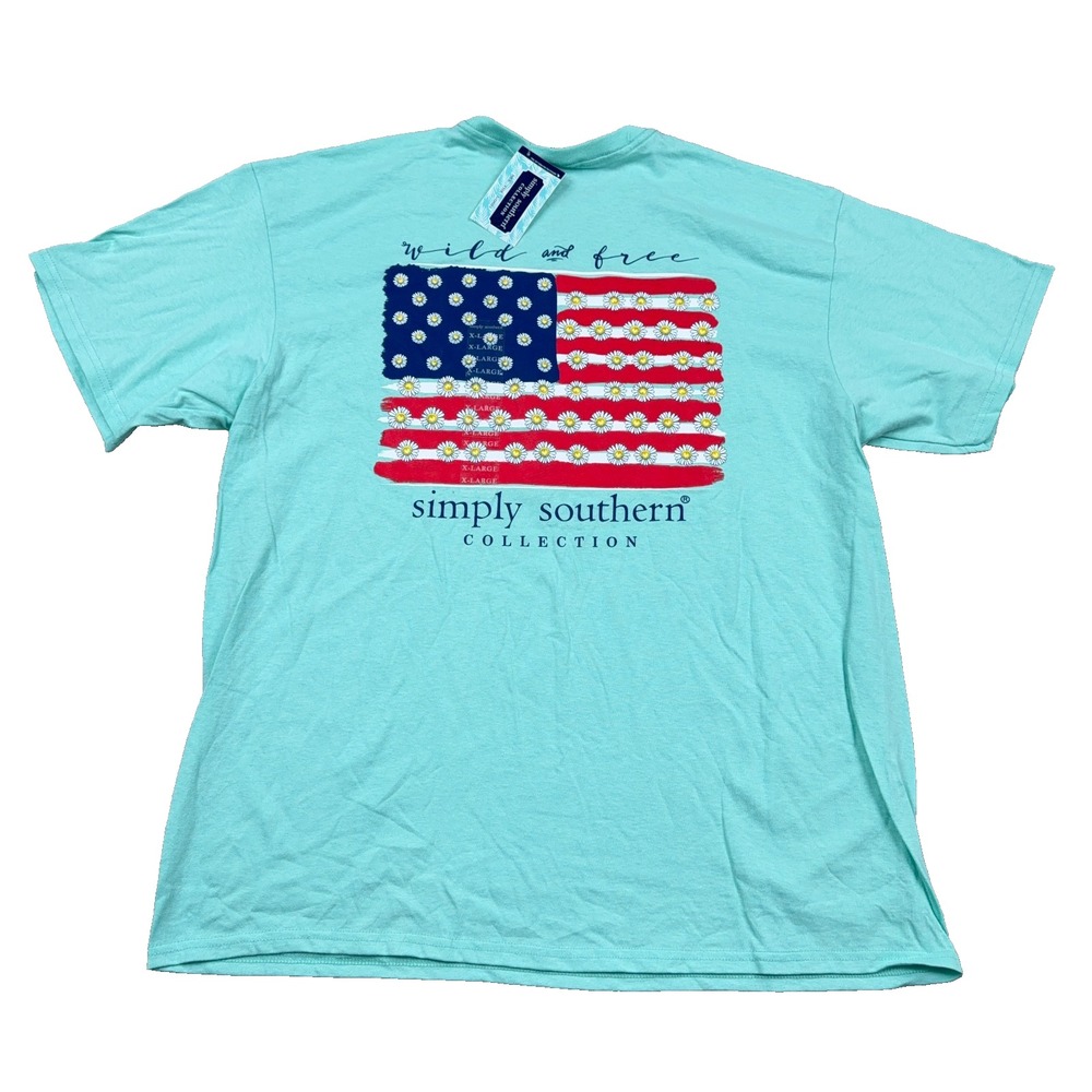 Simply Southern Shirt Women XL Teal American Flag Tee Patriotic 4th July NEW
